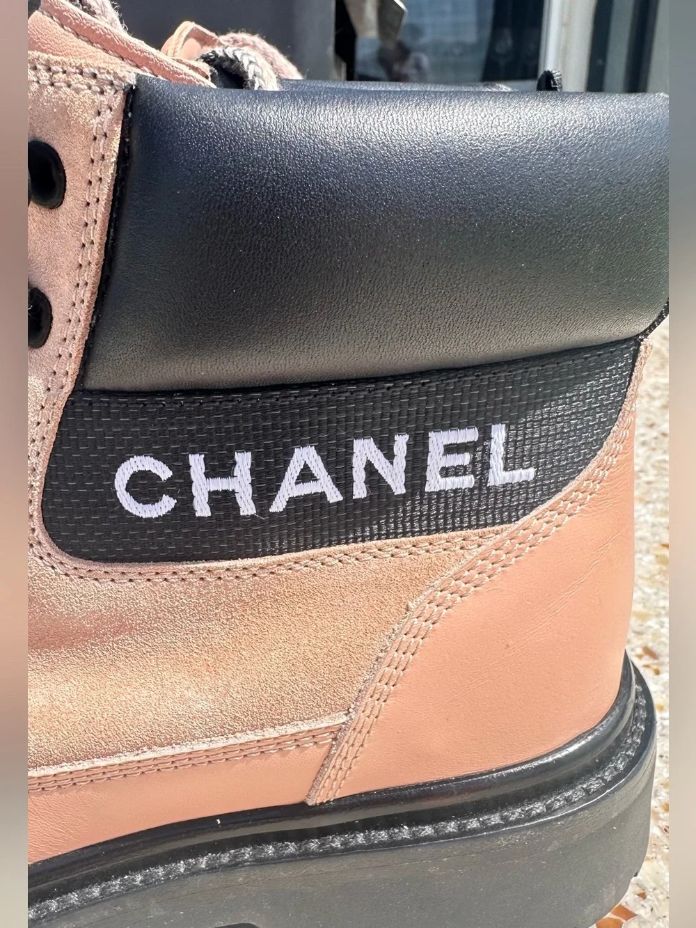 Chanel Pink suede and leather lace-up combat boots  Cc Logo. US Sz 8- 8.5 EU 39